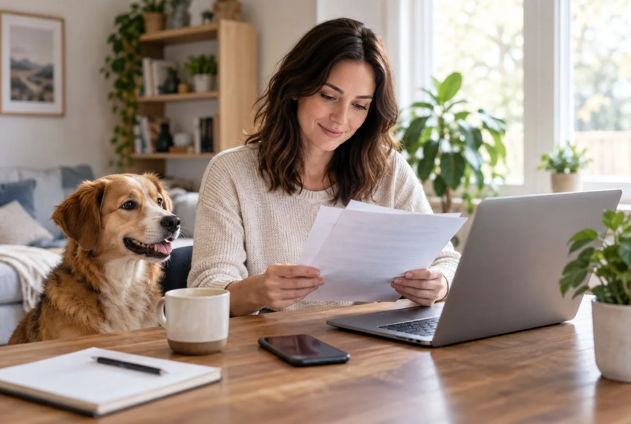 Woman reading a paper at laptop table with brown-and-gold dog beside her